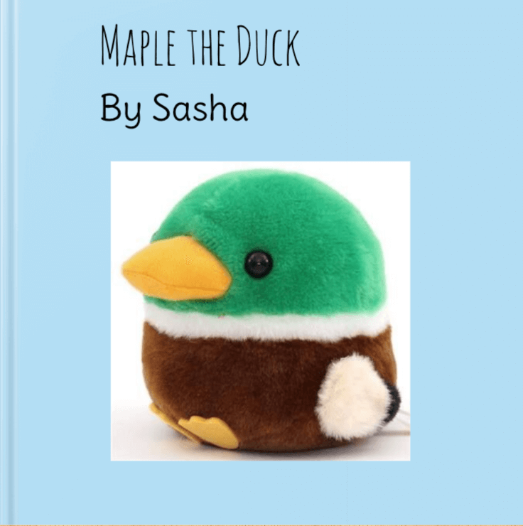 Cover of a children's book titled 'Maple the Duck' by Sasha, featuring a plush toy duck with a green head, orange beak, and brown body. Created using Book Creator to enhance reading comprehension and storytelling for students.